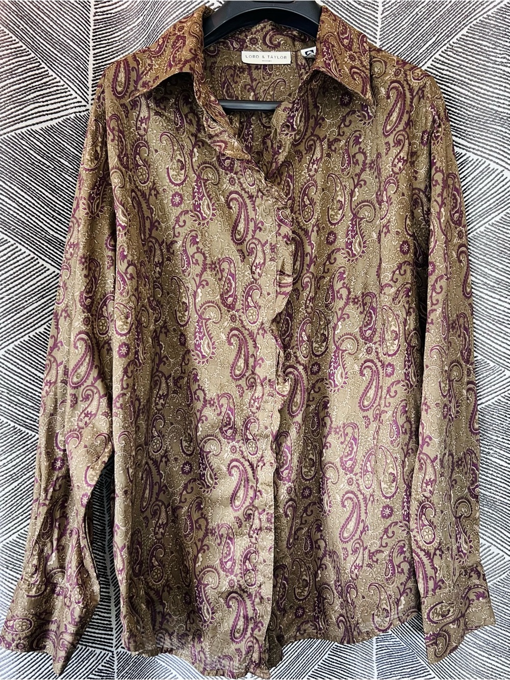 Lord & Taylor Paisley Button-Down Ruffle Shirt in Olive and Purple